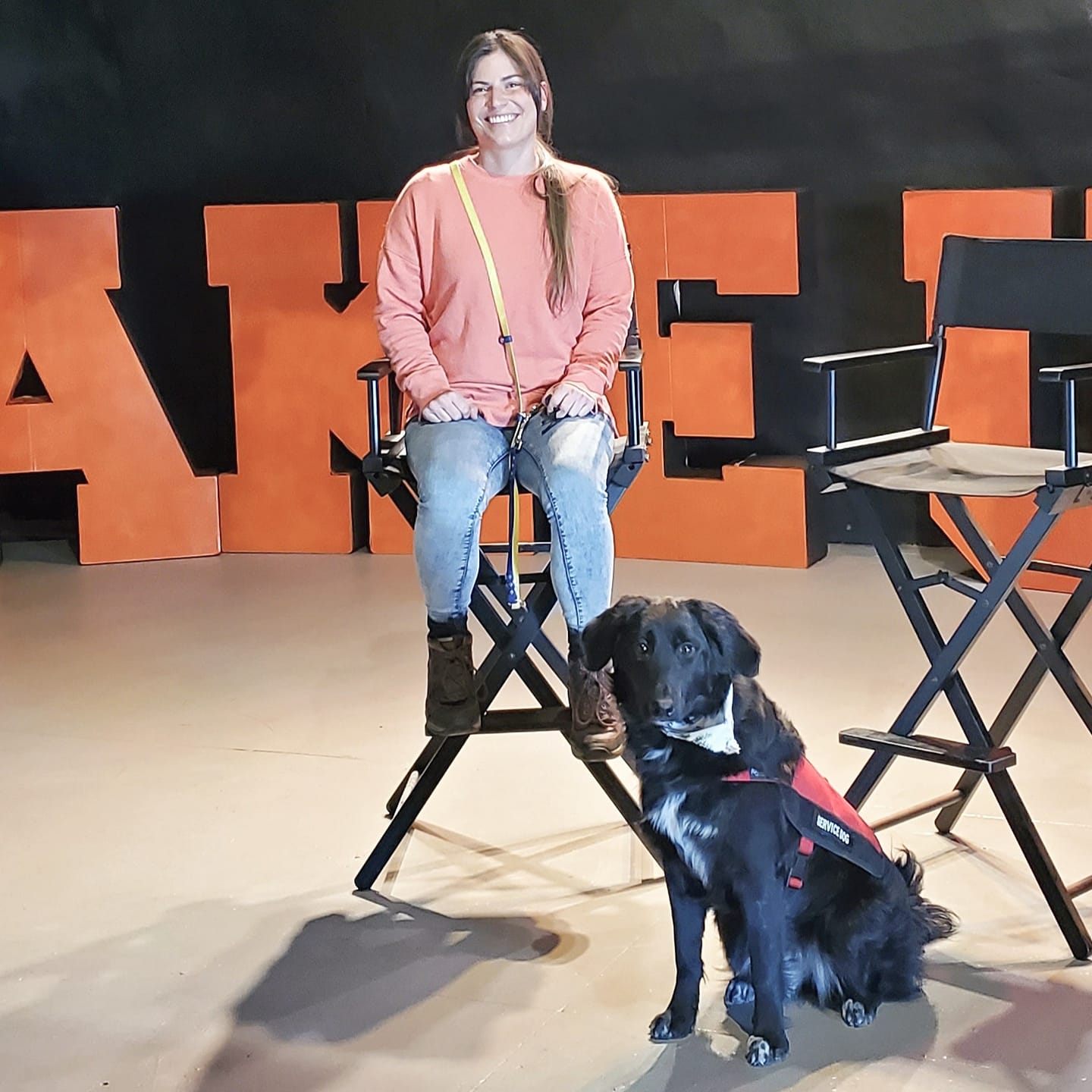 Service dog trainer and service dog at TV appearance