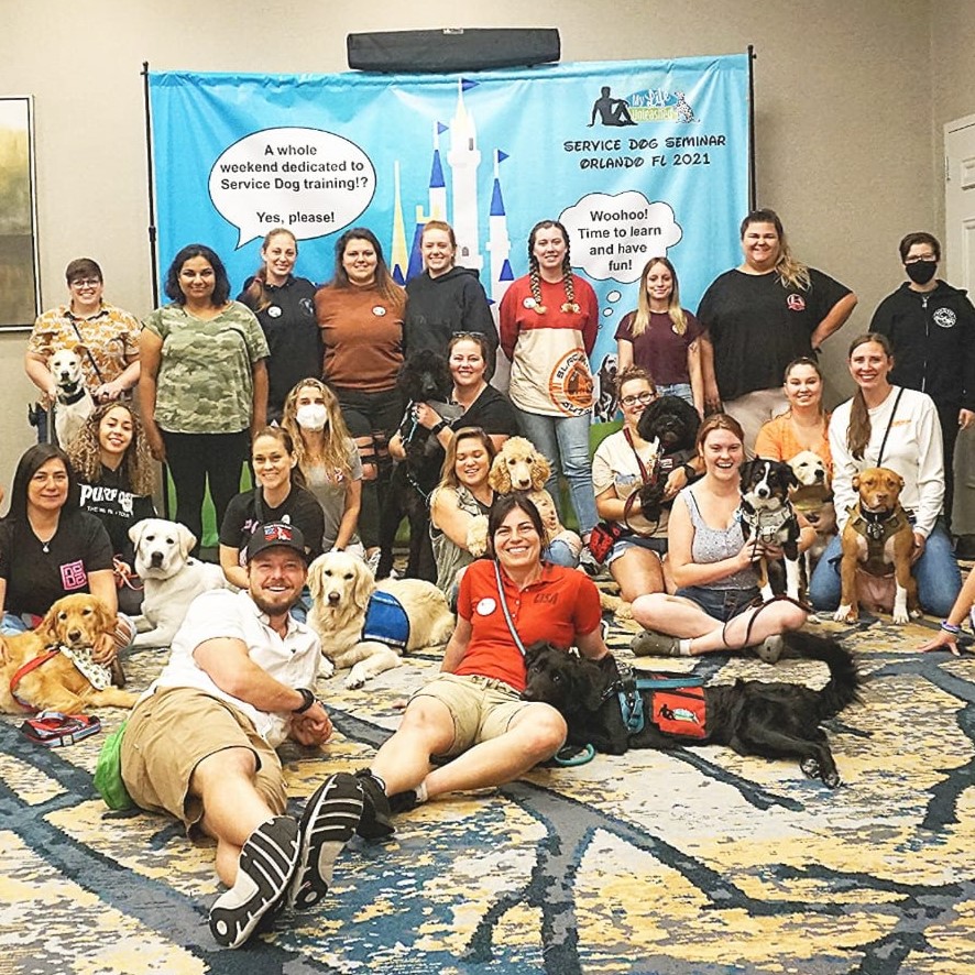 A group of clients gather for a service dog training seminar