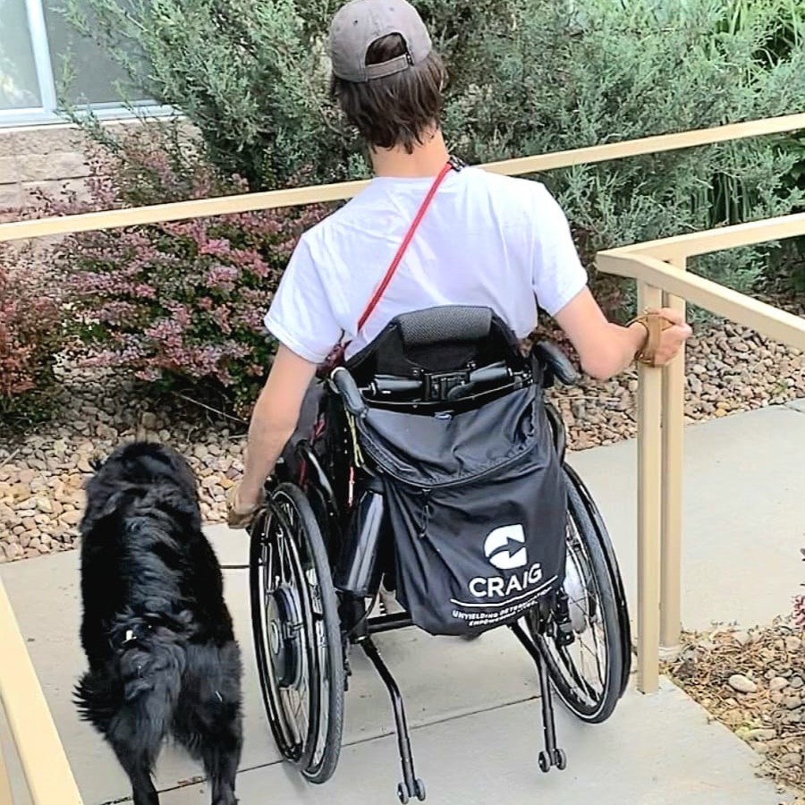 Service dog assists person using a wheelchair with mobility tasks